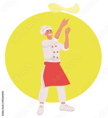 Pizzaiolo (pizza maker) prepares pizza dough. logo for a pizzeria, business of cafes and restaurants, a sticker for products. mascot. vector flat. isolated.