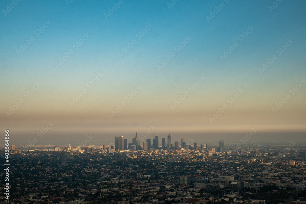 Wide view of Los Angeles city with polluted sky