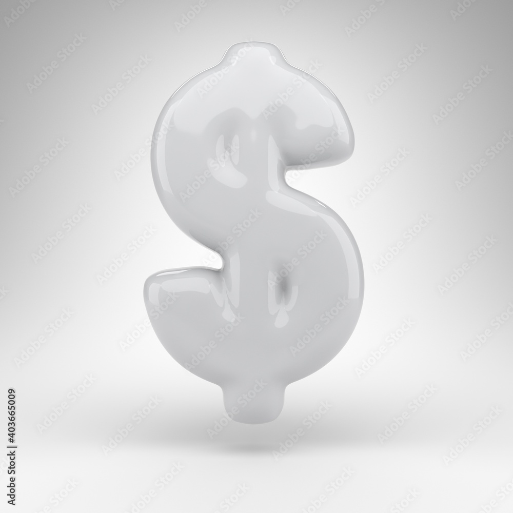 Dollar symbol on white background. White plastic 3D rendered sign with glossy surface.