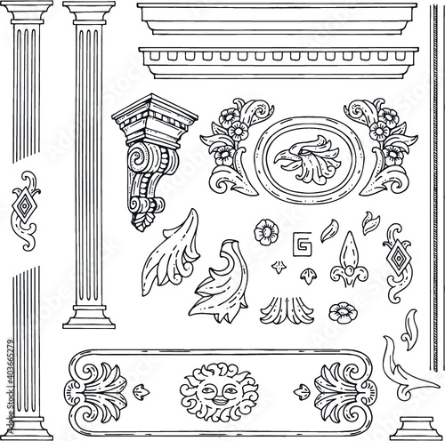 Collection of decorative elements of stucco. Illustration of stucco decoration, cartouche. Vector vintage menu design elements. Hand-drawn. Cliparts