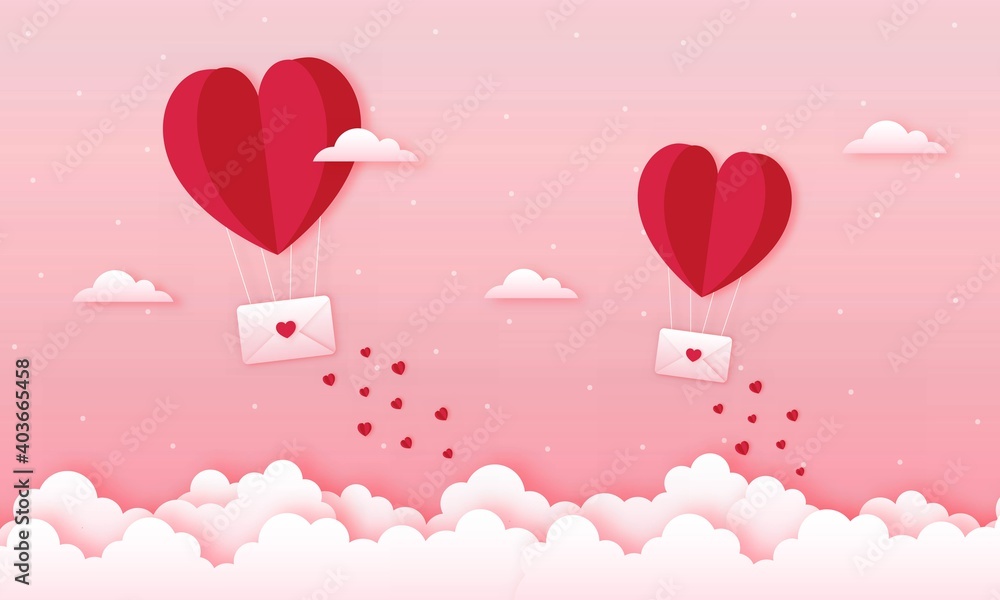 paper cut happy valentine's day concept. landscape with cloud, heart shape hot air balloons flying and envelope floating on pink sky background paper art style. vector illustration. 