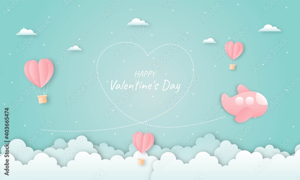 paper cut happy valentine's day concept. hearts shaped hot air balloons and airplane flying on blue sky background paper art style. vector illustration.