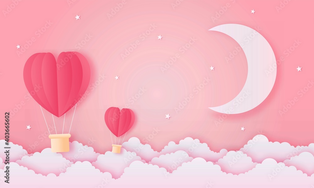 paper cut happy valentine's day concept. landscape with cloud, moon and heart shape hot air balloons flying on pink sky background paper art style. vector illustration. 