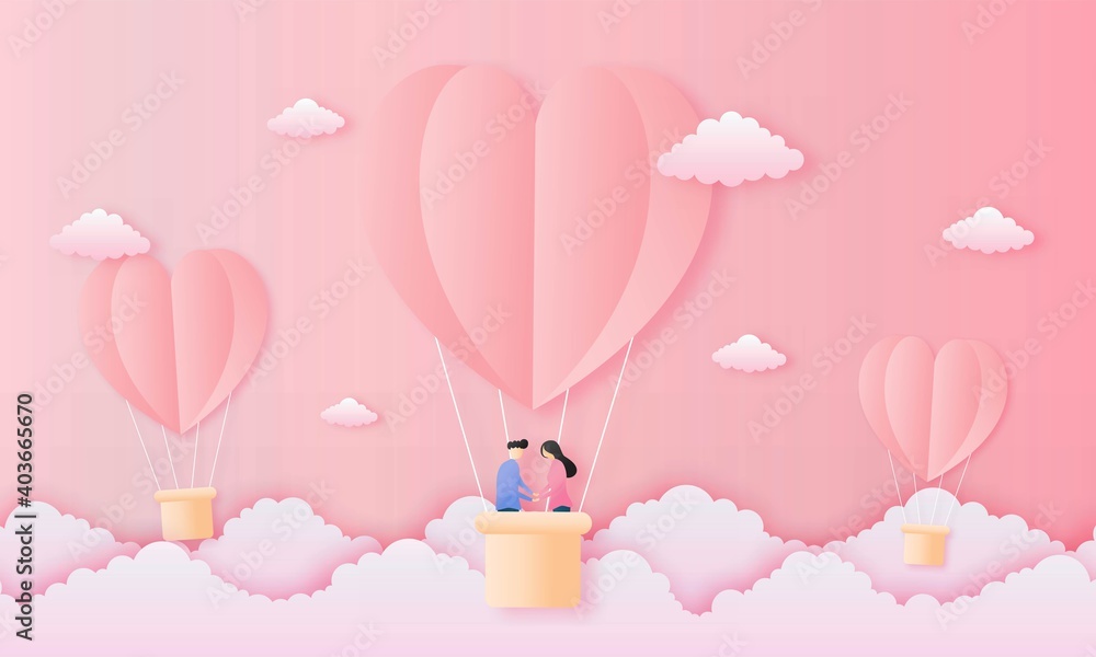 paper cut Love and happy valentine's day concept. cute couple in heart shape hot air balloons flying on pink sky background paper art style. vector illustration.