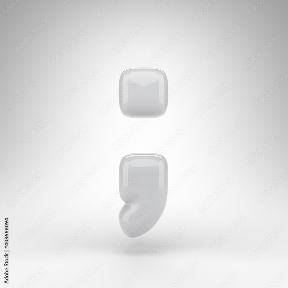Semicolon symbol on white background. White plastic 3D rendered sign with glossy surface. Semicolon symbol on white background. White plastic 3D rendered sign with glossy surface.