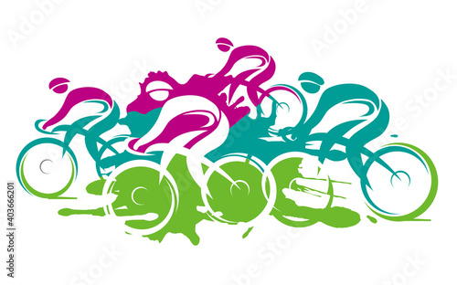 Cycling race, expressive Stylized. 
Colorful Illustration of cyclists in full speed. Imitation of hand drawing. Isolated on white background.Vector available.