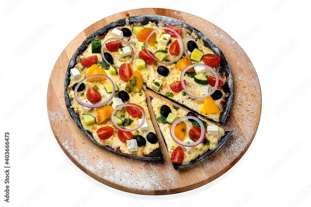 Whole vegetabe black dough Pizza served on wooden board, isolated on white background. Veggie Dish with cherry tomatoes tomatoes, fresh cucumber, olives, sweet paprika and red spanish onion rings
Whole vegetabe black dough Pizza served on wooden board, isolated on white background. Veggie Dish with cherry tomatoes tomatoes, fresh cucumber, olives, sweet paprika and red spanish onion rings