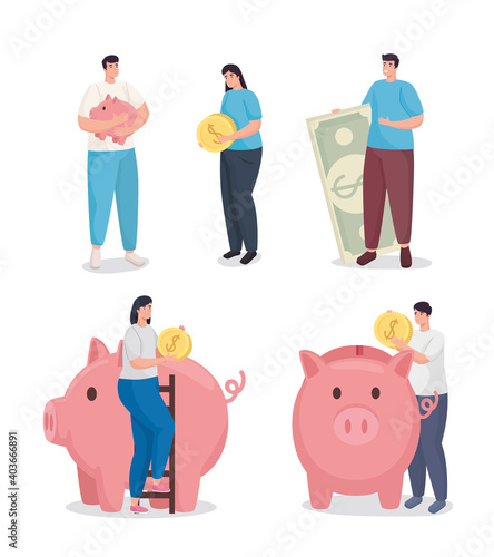 Save money and people with coins symbol set of financial business banking commerce and market theme Vector illustration