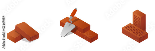 Realistic vector red brick illustrations set isolated on white. Cartoon vector flat illustration orange brick. 3D isometric vector red bricks icon for logo template, infographics and design games.