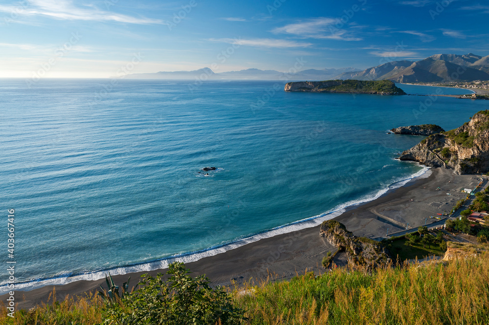 San Nicola Arcella, district of Cosenza, Calabria, Italy, view of the beach of Marinella in the background the Island of Dino