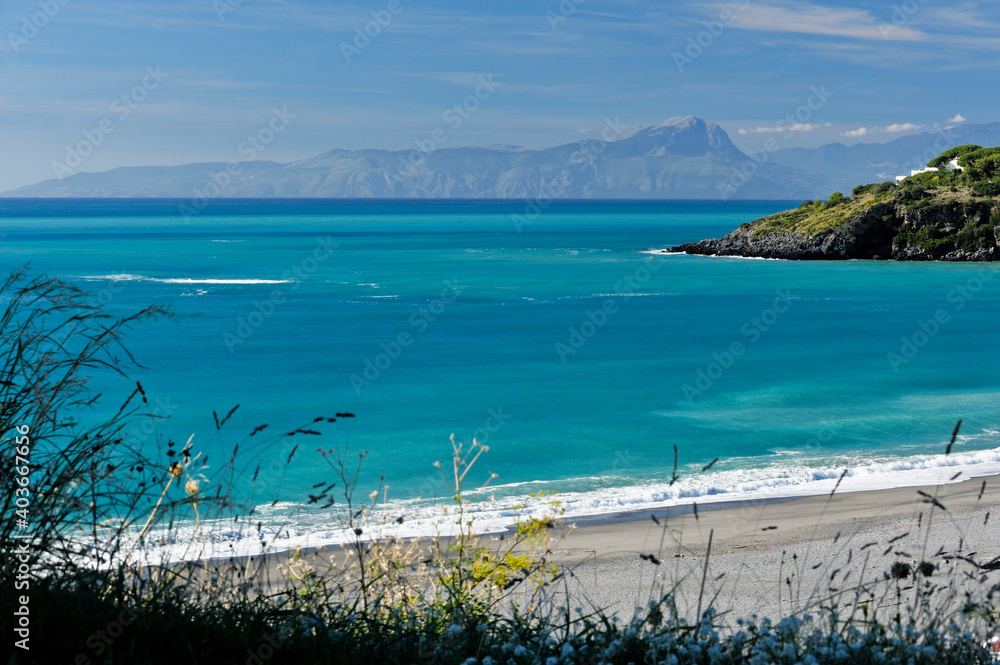Scalea, district of Cosenza, Calabria, Italy, in the foreground the beach of Scalea in the background Capo scalea and the coast of Cilento.