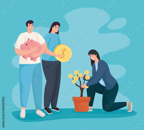 Save money and people with coins plant and piggy of financial business banking commerce and market theme Vector illustration
