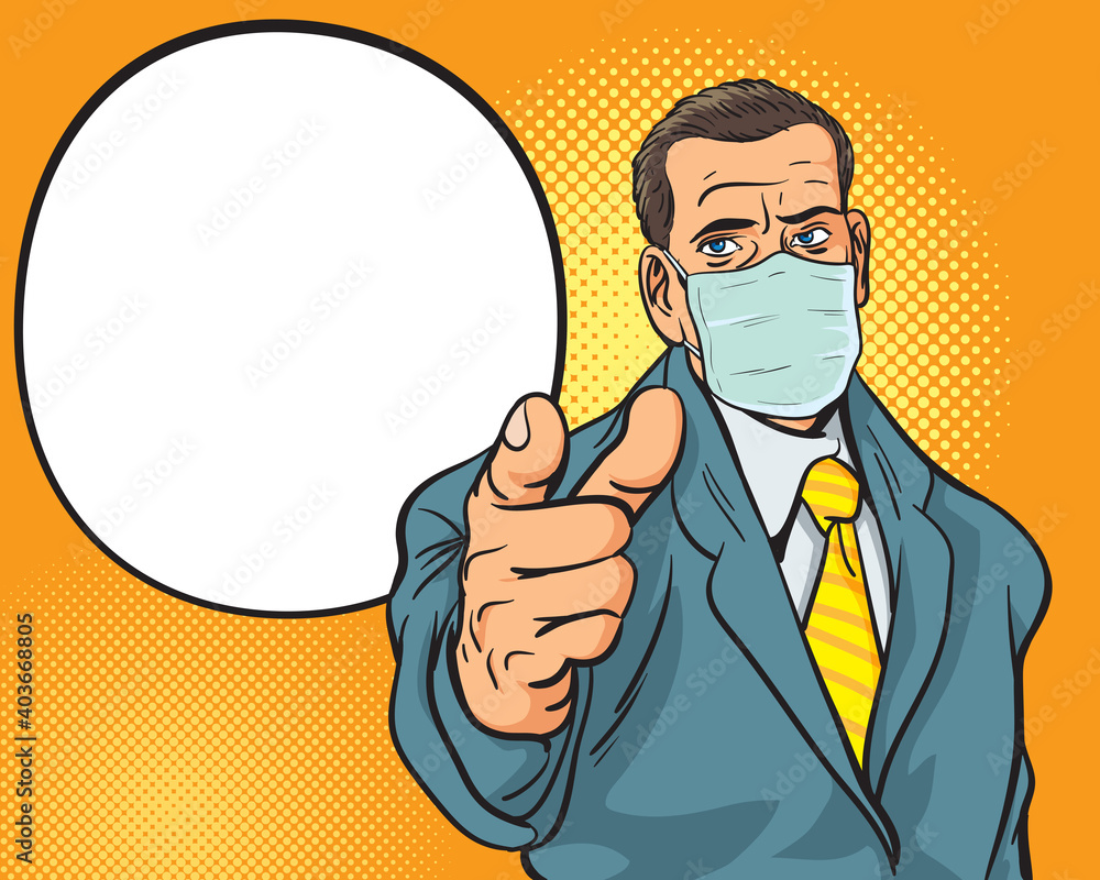 Man with medical mask pointing finger retro style pop art Man with medical mask pointing finger retro style pop art