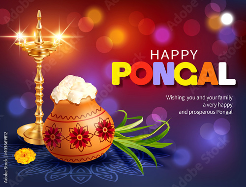 Poster design with gold diya, traditional clay pot and rangoli for Indian harvest festival Pongal (Makar Sankranti). Vector illustration.