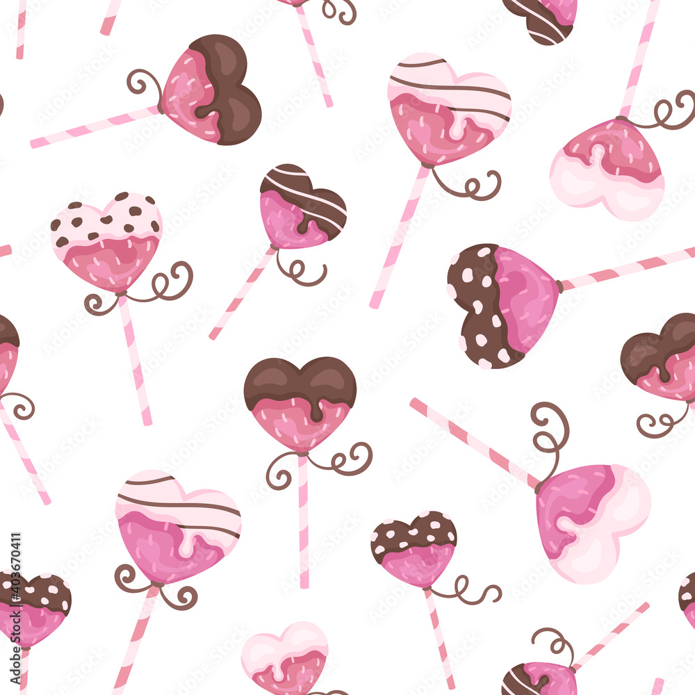 Seamless repeated surface vector pattern design with pink and red heart shaped lollipops dipped in white and brown chocolate on a white background
