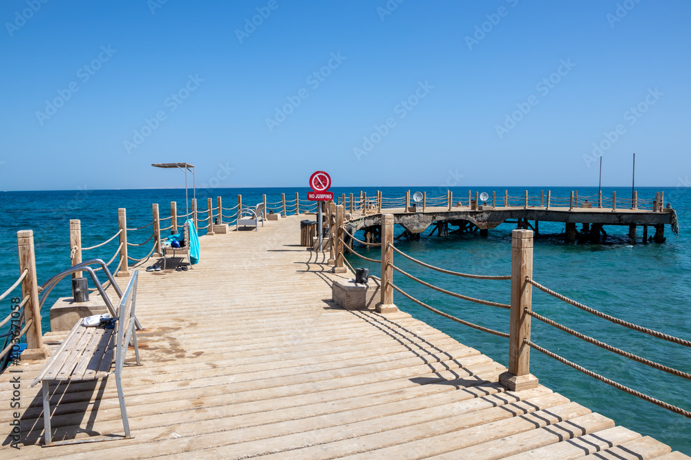 View of the wooden boardwalk over the Red Sea in Hurghada, Egypt