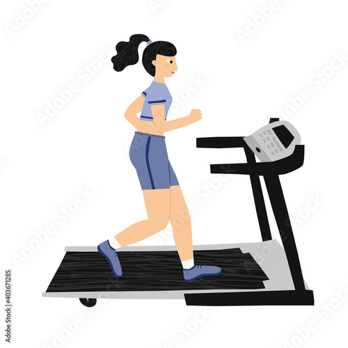 Hand drawn caucasian woman in sportswear and treadmill isolated on white background. Cardio training with running on treadmill. Sports workout. Flat style drawing design. Trendy vector illustration