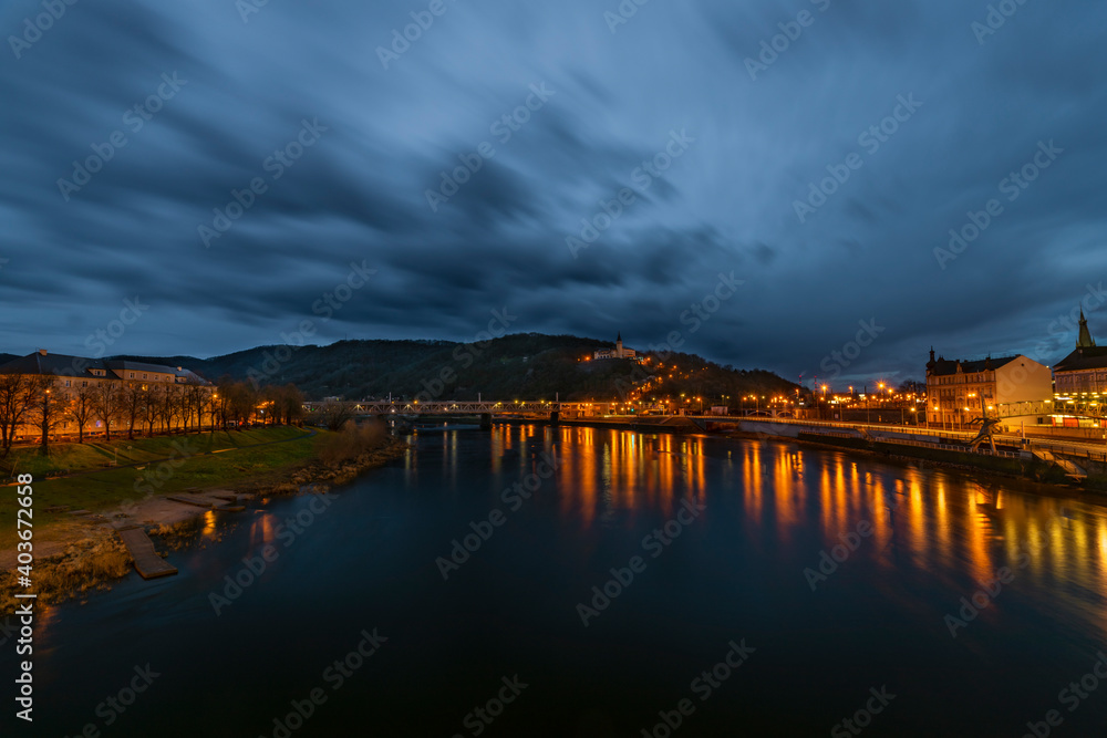Night with orange lights in valley of river Labe near Usti nad Labem