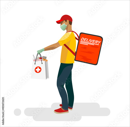 Safe delivery at home during coronavirus epidemic: delivery man holding parcel with medicines in a medical mask and gloves. Delivery home and office. Suitable for web landing page, ui, banner. Vector.