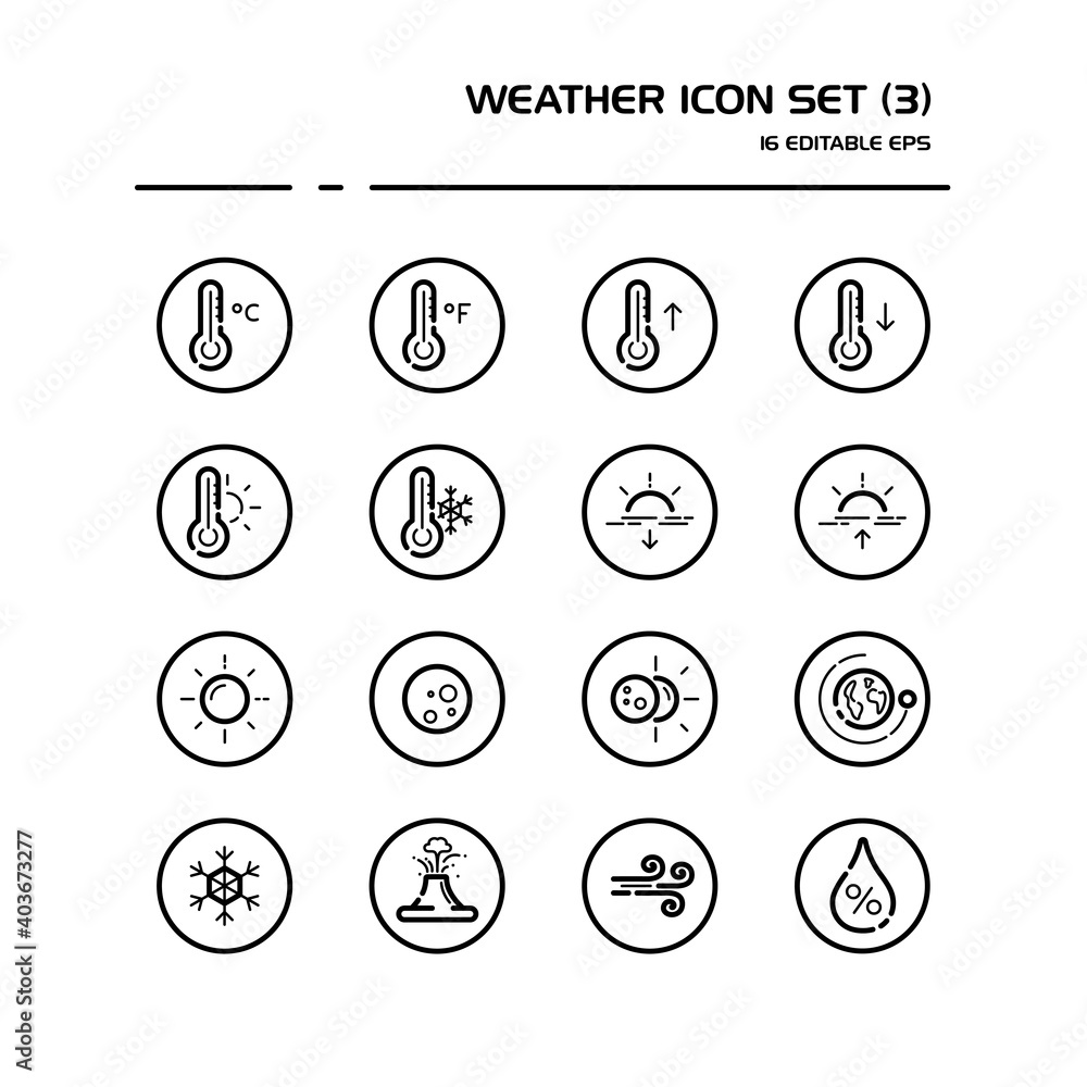 Weather and meteorology line icon set in a circle. Temperature, humidity and natural phenomenon. Outline vector illustration