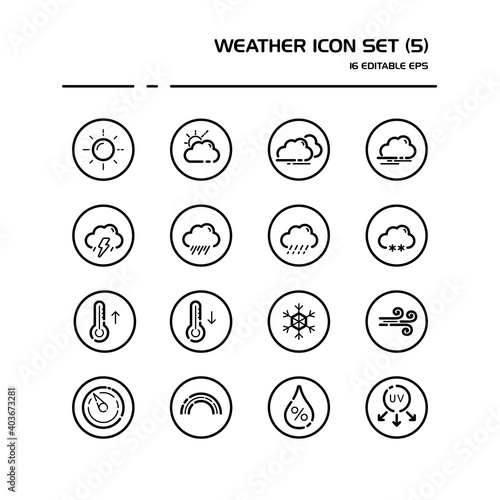 Weather and meteorology line icon set in a circle. Sun, clouds, temperature and pressure. Outline vector illustration