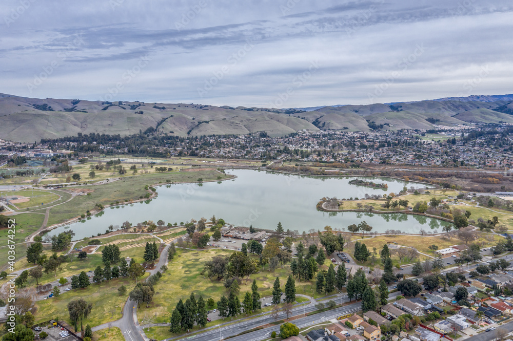 Suburban Lake from Above on Overcast Day