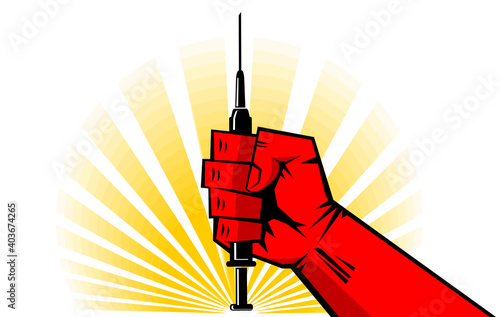 Coronavirus vaccination concept in retro style. Strong  red fist holds a syringe with a vaccine against the background of the rising sun. Vector comic