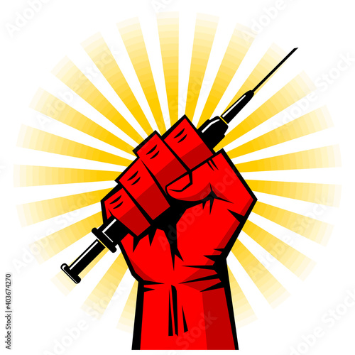 Coronavirus vaccination concept in retro style. Strong  red fist holds a syringe with a vaccine against the background of the rising sun. Vector comic