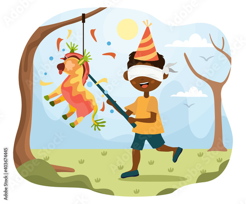 Blindfolded little boy playing pinata at a party trying to break open the donkey hanging from a tree with a stick to get at the candy, colored cartoon vector illustration