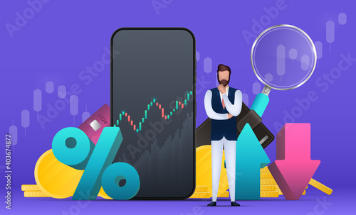 Financial trading banner. A businessman is pondering an idea. Percentage with up and down arrows. Wallet, bank card, schedule, magnifier, phone. Vector.