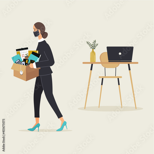 Concept of layoffs due to the virus pandemic. Young woman in protective mask leave workplace carrying cardboard box with stationery and other belongings.Employee quit.Vector illustration in flat style