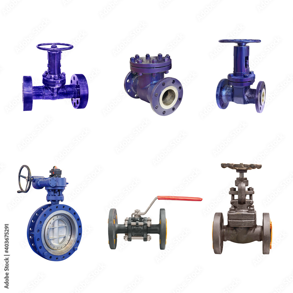 a group of modern shut-off valves of various designs for a gas pipeline isolated on white background a group of modern shut-off valves of various designs for a gas pipeline isolated on white background