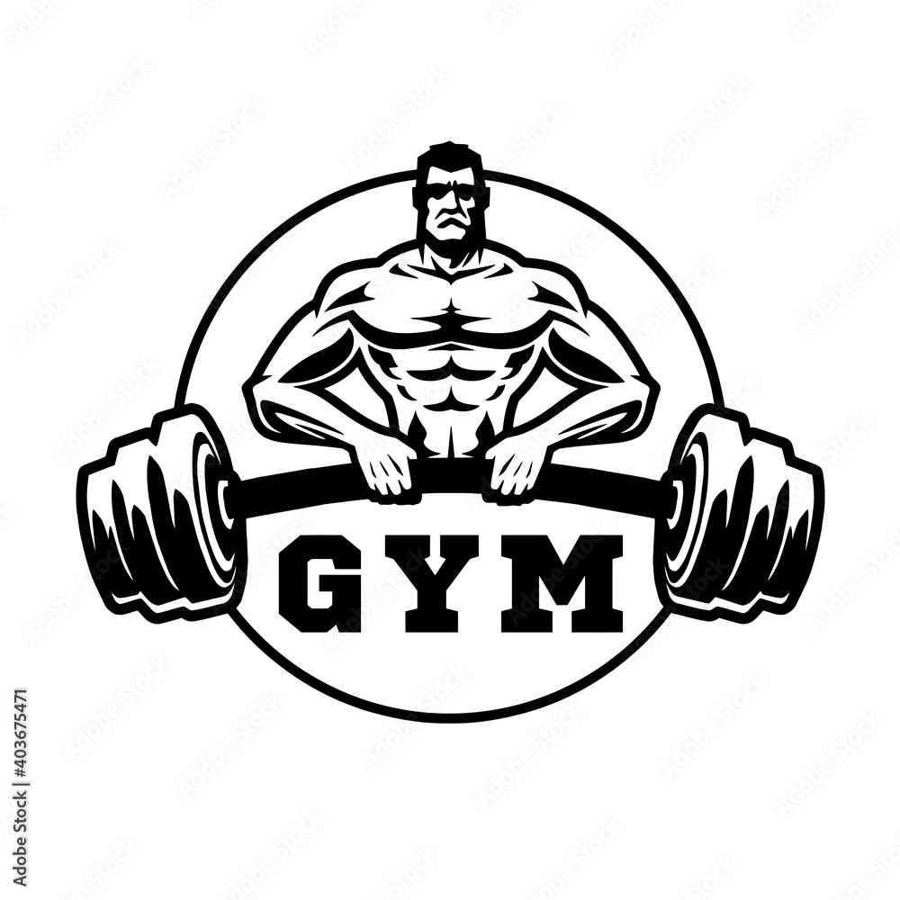 Strong bodybilder with heavy barbell, vector, logo, cartoon, mascot, character, monochrome Strong bodybilder with heavy barbell, vector, logo, cartoon, mascot, character, monochrome