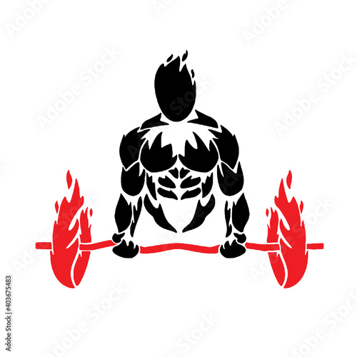 ire silhouette bodybilder with fire barbell, vector, logo, cartoon, mascot, character