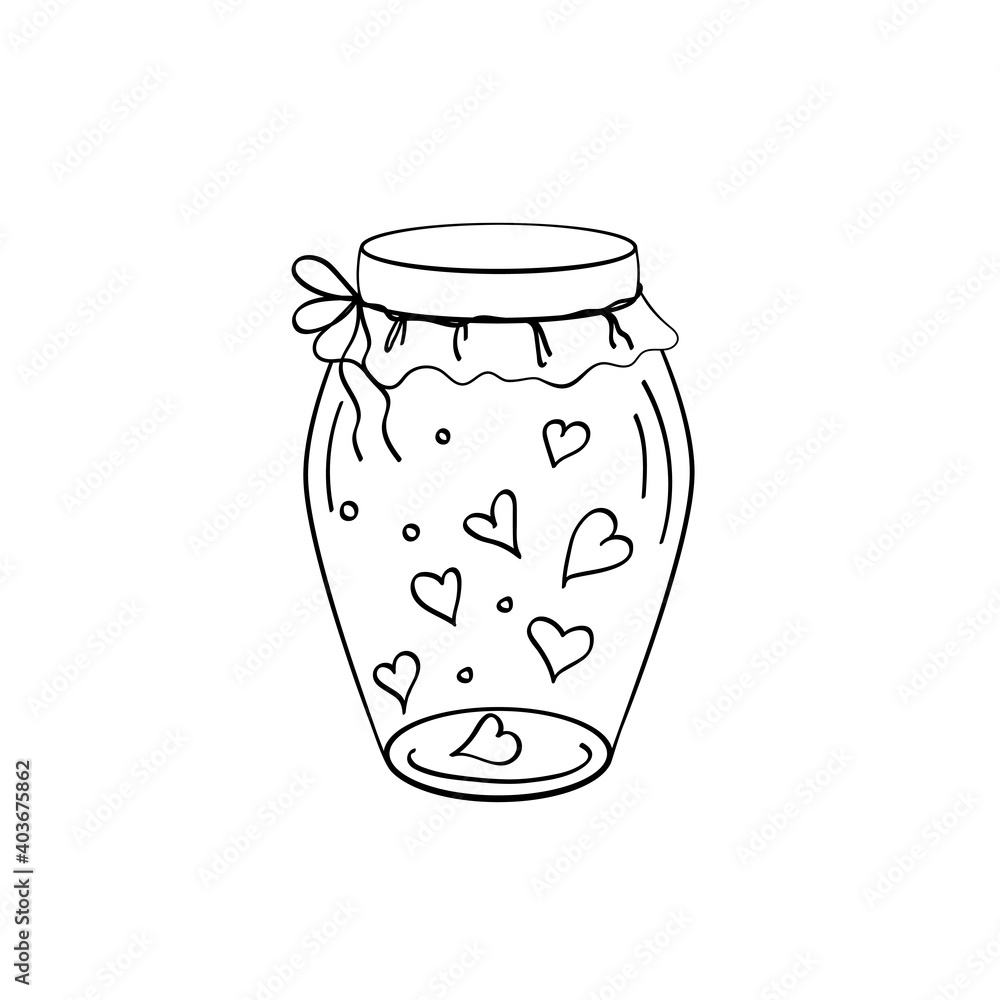 Cute jar of hearts. Hand drawn vector illustration in Doodle style. Isolated object on a white background. Design for wedding decor, Valentine's day. Cute jar of hearts. Hand drawn vector illustration in Doodle style. Isolated object on a white background. Design for wedding decor, Valentine's day.
