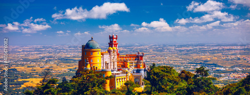 Palace of Pena in Sintra. Lisbon, Portugal. Travel Europe, holidays in Portugal. Panoramic View Of Pena Palace, Sintra, Portugal. Pena National Palace, Sintra, Portugal. photo