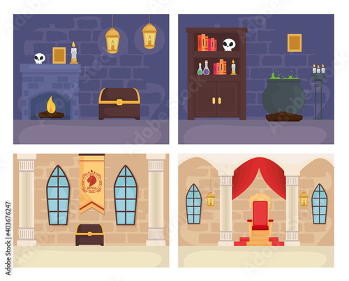 Fairytale king and magician rooms set design, Fantasy magic and medieval theme Vector illustration