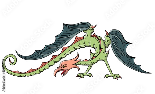 Cheerful, cute, winged dinosaur on a white background. Prehistoric reptile. Jurassic period. Vector illustration