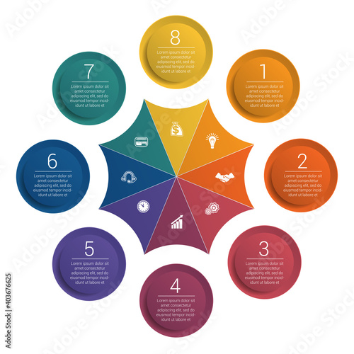   Infographic. Colorful template. 8 positions.