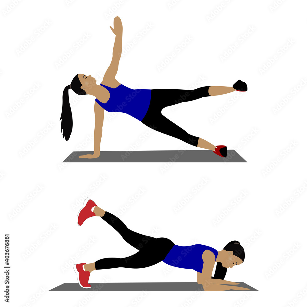 Women workout set. Women doing fitness and yoga exercises. Lunges, Push-ups, Squats, Burpees, Side Boards, Situ ps, Leg Raises, Russian Turn, Side Crunch. Women workout set. Women doing fitness and yoga exercises. Lunges, Push-ups, Squats, Burpees, Side Boards, Situ ps, Leg Raises, Russian Turn, Side Crunch.
