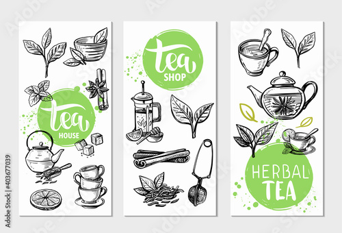 tea package with hand drawn cups and leaves