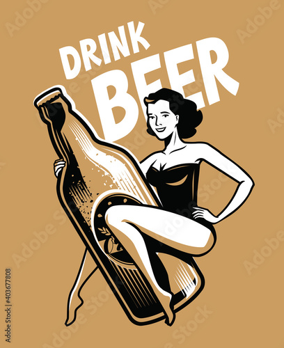 Beer and girl retro poster. Vintage vector illustration