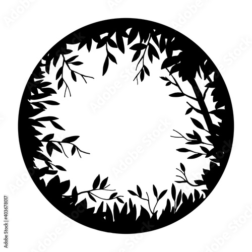 vector black and white illustration. round frame, border with a magic, fairy forest. silhouette of the forest, herbs, branches. background for postcard, halloween, book.