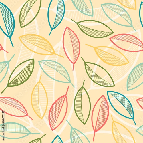 Minimal design with colorful leaves  seamless pattern. Repetitive background with autumn or spring plants. Abstract herbal vector with retro design.