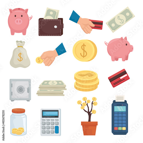 Money symbol collection of financial business banking commerce and market theme Vector illustration