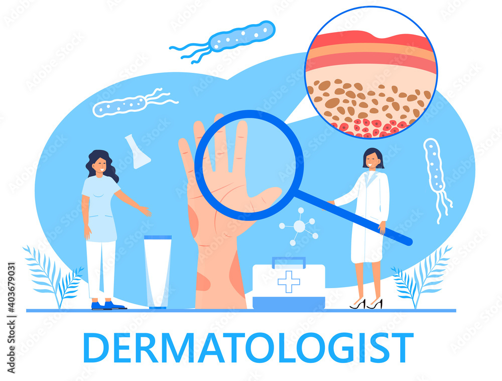Dermatologist concept vector for medical websites and landing pages, blog. Disease of the skin and dermatological problems. Psoriasis, vitiligo, dermatitis