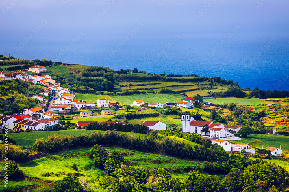 Beautiful Nature View On Azores With Small Villages Tows Green Nature Fields Amazing Azores View Of Typical Azores Village In Sao Miguel Island Azores Portugal Stock Photo Adobe Stock
