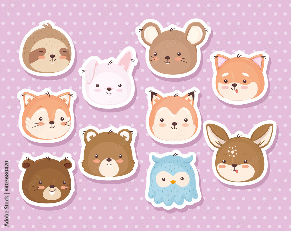 Kawaii animals heads cartoons stickers icon set design, Cute character and nature theme Vector illustration