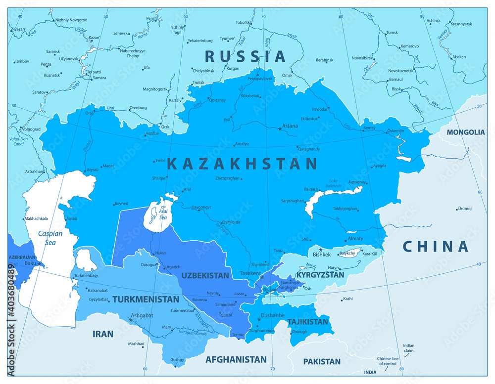 Central Asia Political Map In Colors Of Blue