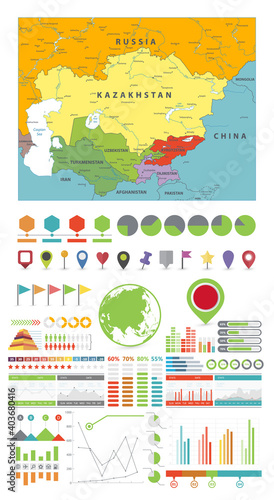 Central Asia Map and Infographics design elements. On white